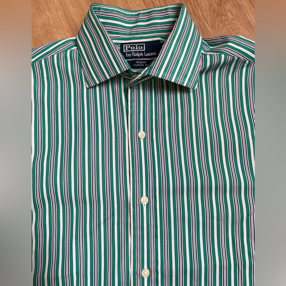 Polo Ralph Lauren Shirt 15.5 M Regent Classic Fit Striped Green button up preppy